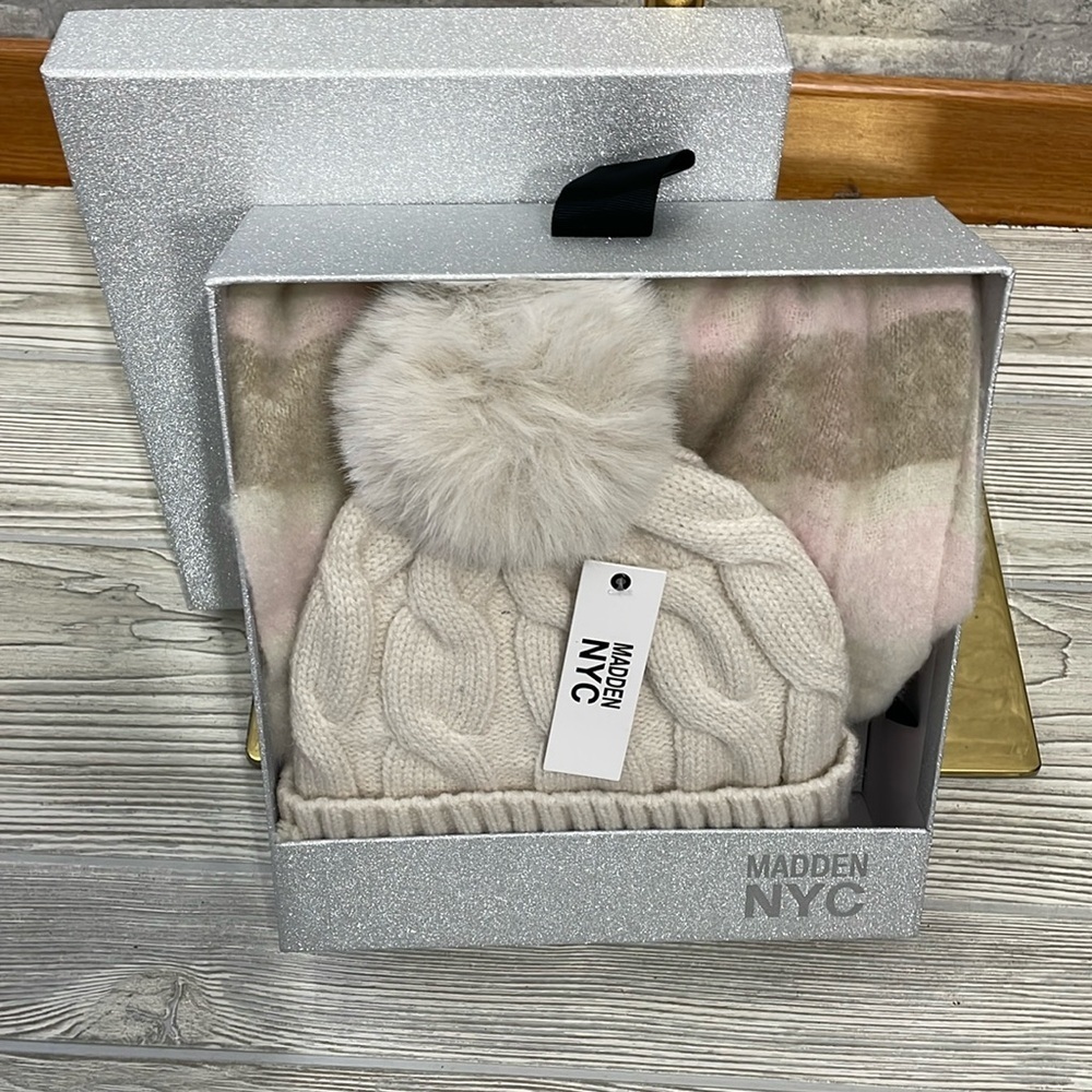 Madden NYC Faux Fur Pom Beanie with Plaid Scarf Box Set
